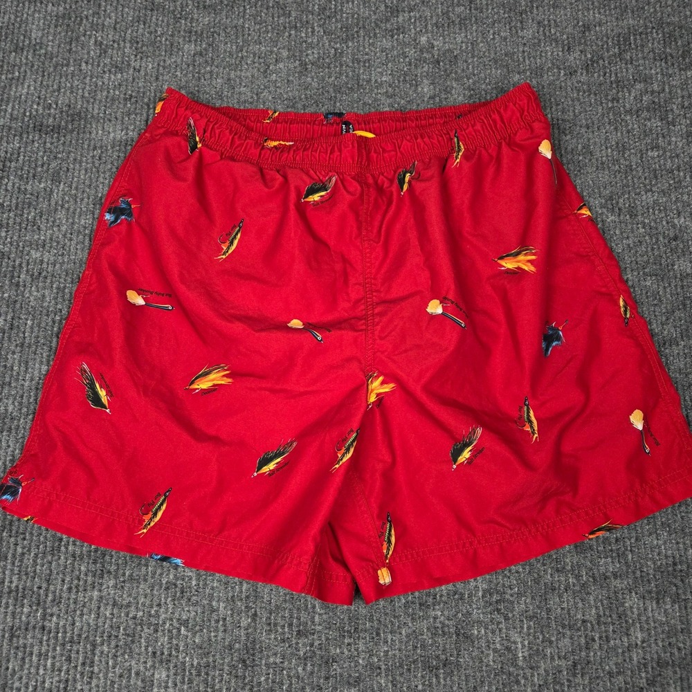 Nautica Mens XL Red Fishing Fly Lure Print Swim Trunks Mesh Lined VDR 417 205